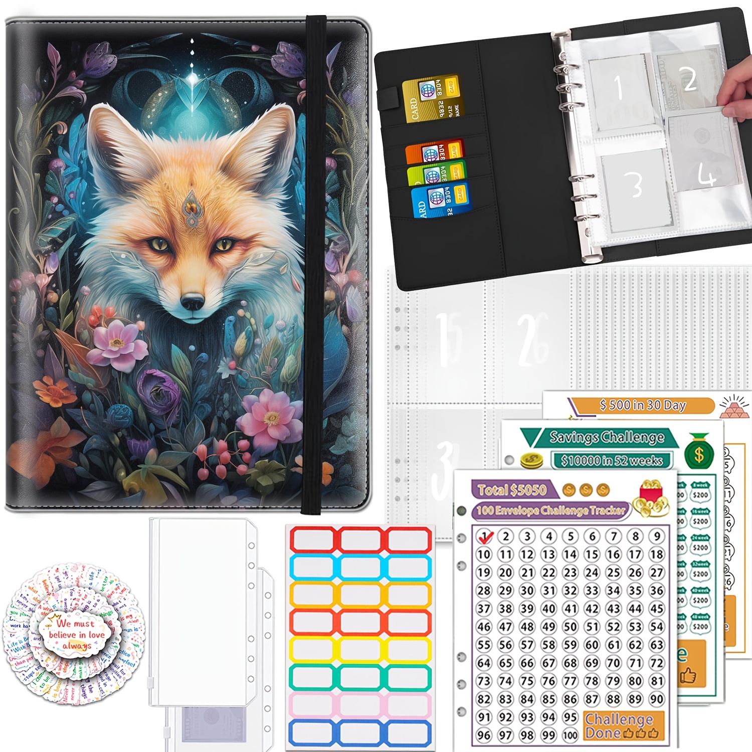 Image of 100 Envelope Savings Challenge Binder With Cash Envelope, Premium Faux Leather Loose-leaf Budget Storage Book, 3 Storage Challenges, Store 500; 5050 And 10000, Elephant And Fox Cute Animal