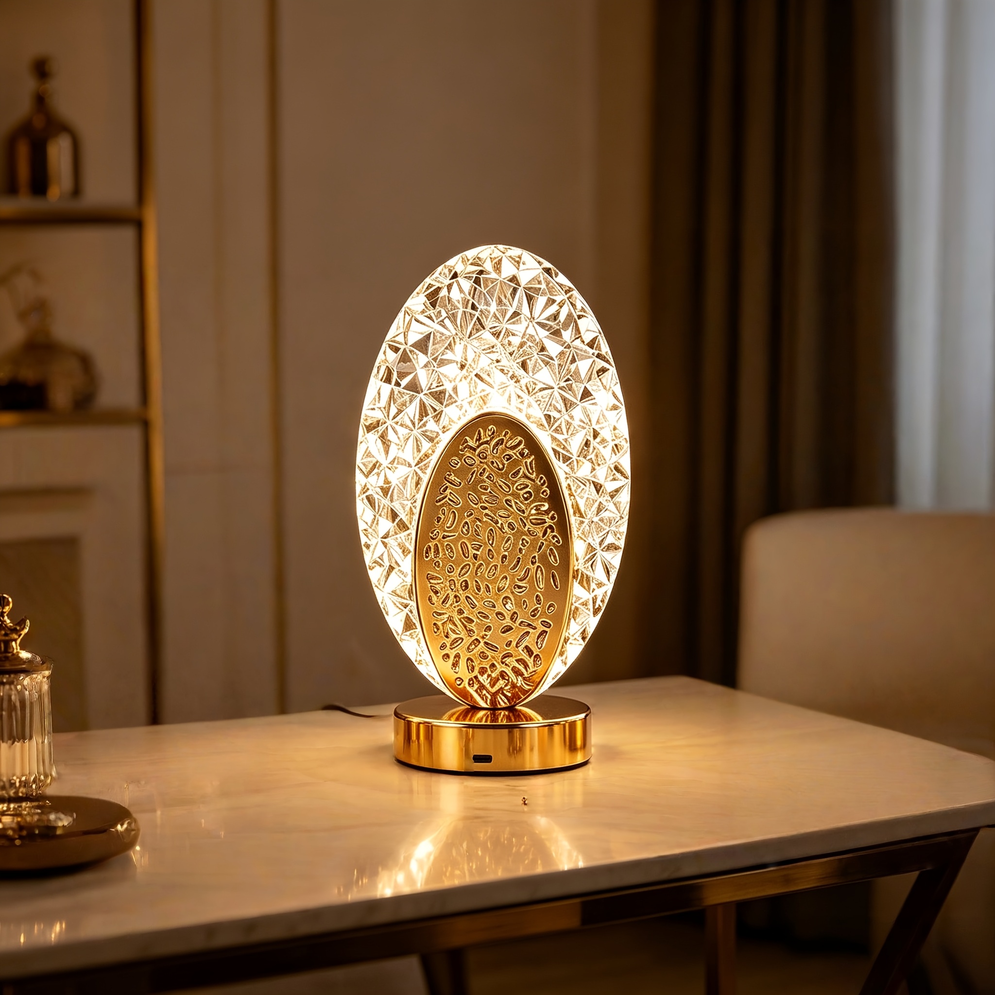 TEMU Night Light; Modern Crystal Table Lamp; Three-color Adjustable, Usb Rechargeable, Led Reading Light; Perfect For Bedside Tables, Desks, Living