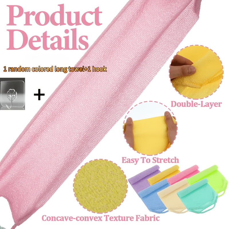 TEMU (1pc Serviette de longue et 1pc Crochet) - Serviette de longue avec poignée, idéale pour le nettoyage du dos du bain. à cordon pour un facile du