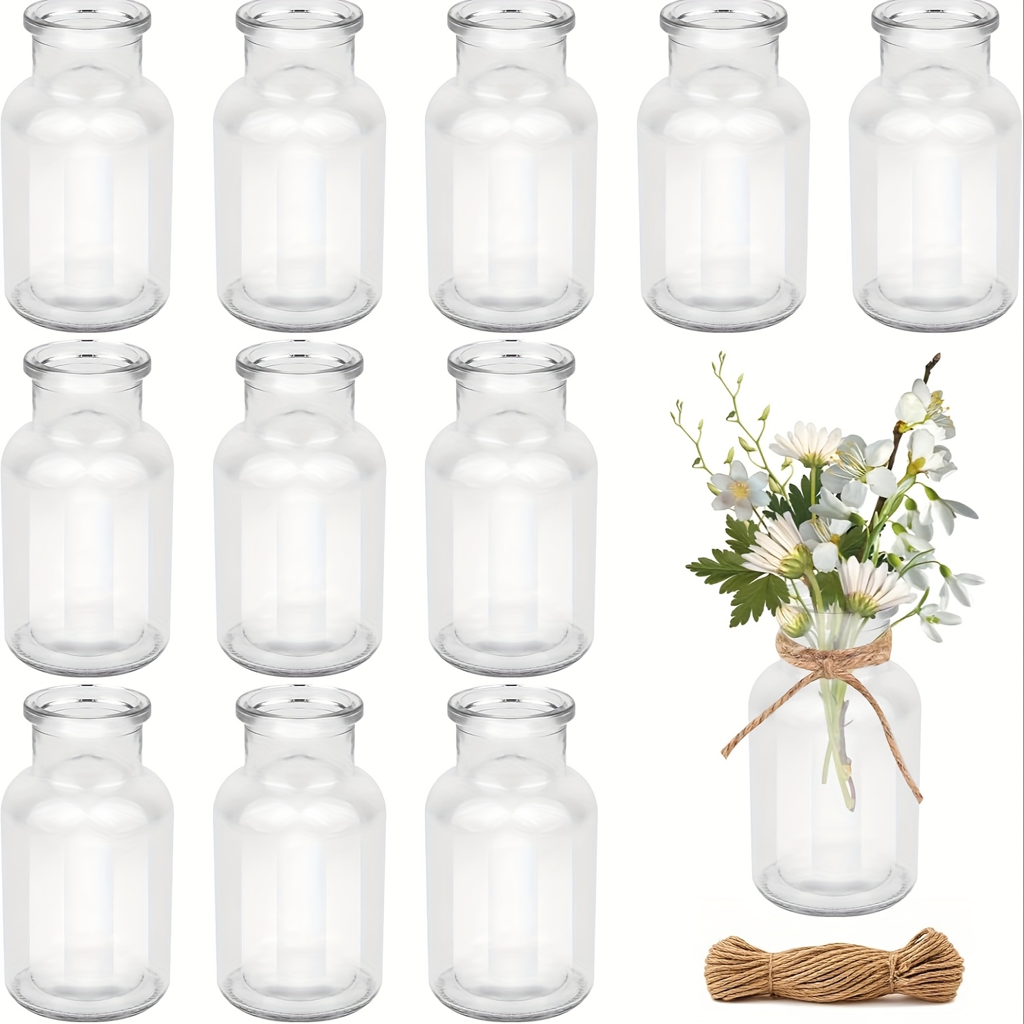 Pack Of 12 Vases, Glass Vases, Flower Vases For Table Decoration, With Jute Cord, Crystal Vase, Glass Bottles For Home, Garden Party, Wedding Decoration