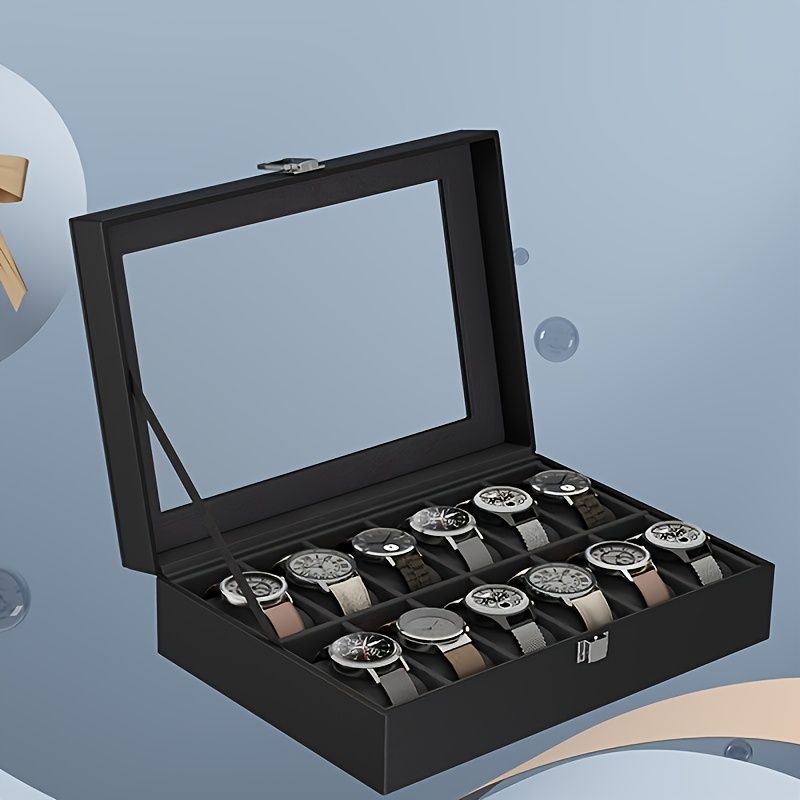E-shop Uhrenschachtel mit 12 Fächern, Uhrenhülle mit Glasdeckel, Uhren-Display-Box mit abnehmbaren Uhrenkissen, Metallverschluss, Geschenkidee,