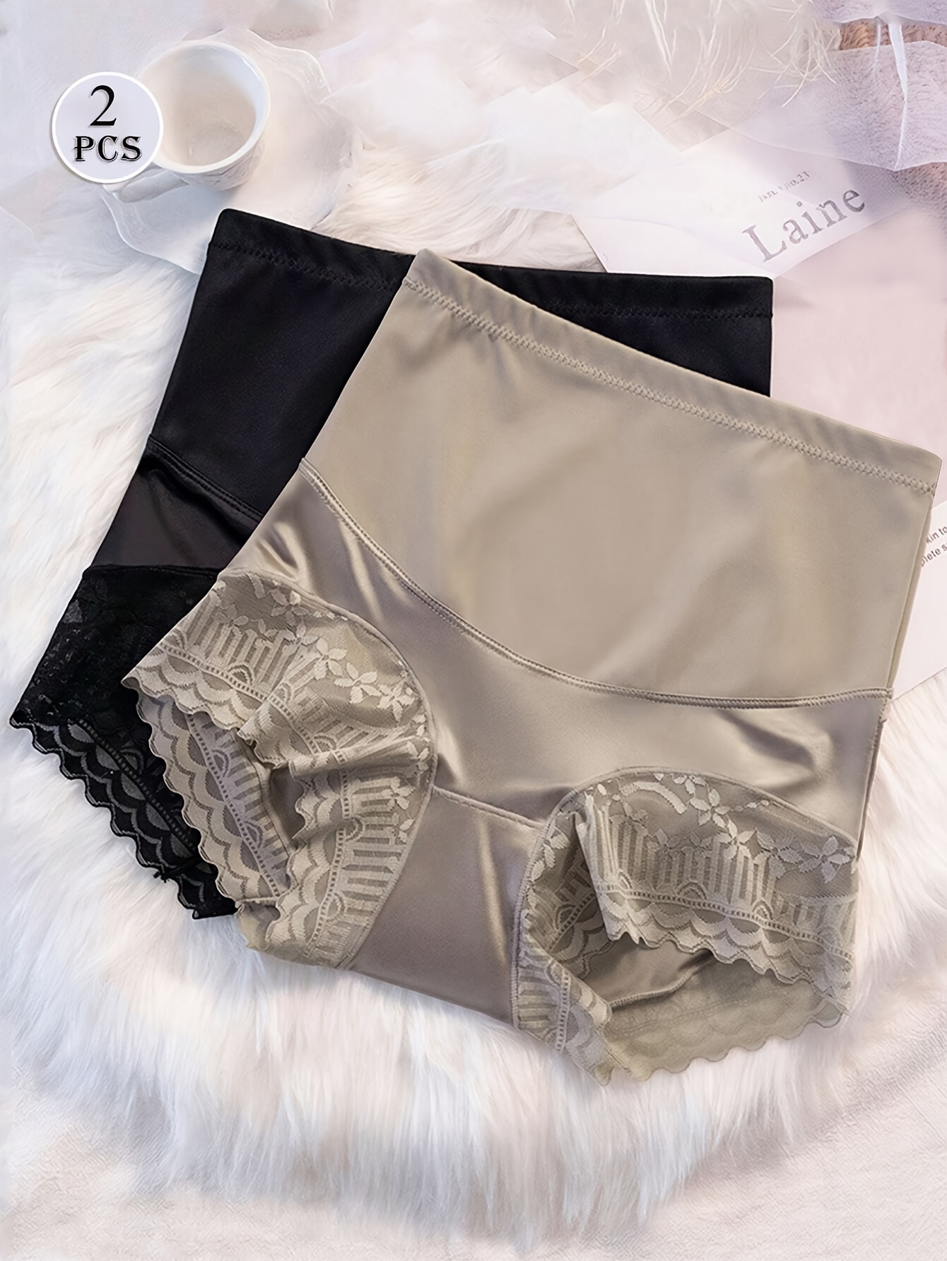 2pcs womens high waisted tummy control shapewear shorts   lifting breathable mesh with contrast lace trim striped pattern seamless lightweight underwear for casual attire black light grey