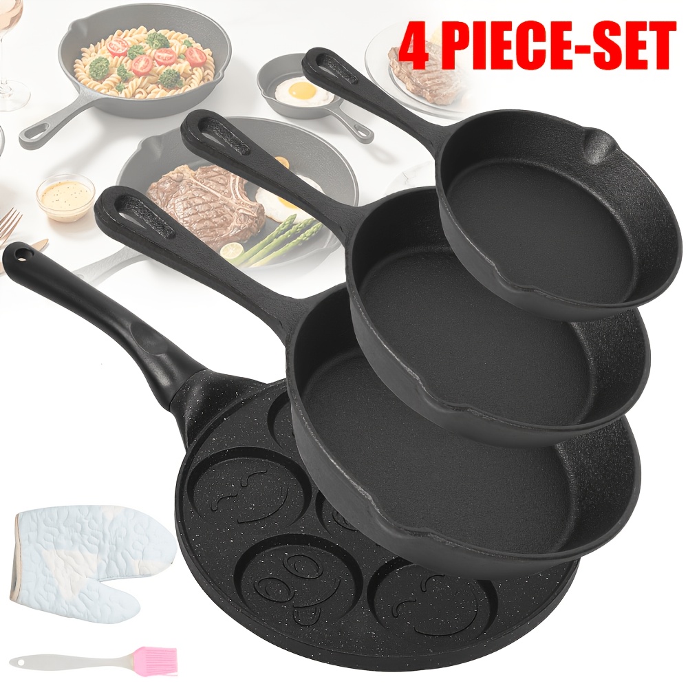 Image of 4pcs Cast Iron Frying Pans Oven Versatile Cast Set For Steak & Eggs - Perfect For Gas Cooking, Durable Kitchen Essential, Ideal For Outdoor Camping & Home Use Black