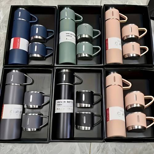 4pcs stainless steel water bottle cups gift set 500ml large with 3 small cups 1 water bottle triple lids for hot cold drinks portable for office camping travel 304