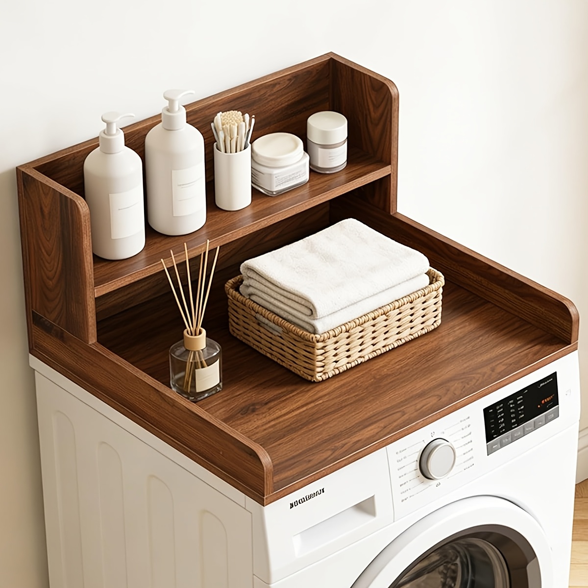 Image of A Minimalist Brown Washing Machine Shelf And Worktop Offering . This Two-tier, Storage Unit Features Raised Edges And Rounded Corners For Added Safety. Versatile, Easy To Clean And , And Install.