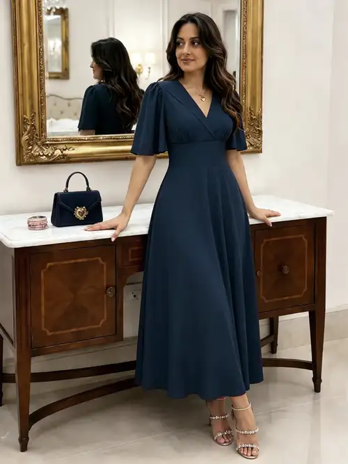ladies navy blue dresses Sequin-Lace Formal Dress: La Femme 31836 Navy / 4 a chic faux wrap midi with a flattering silhouette perfect for any occasion Blue Dress Ladies Navy Maxi