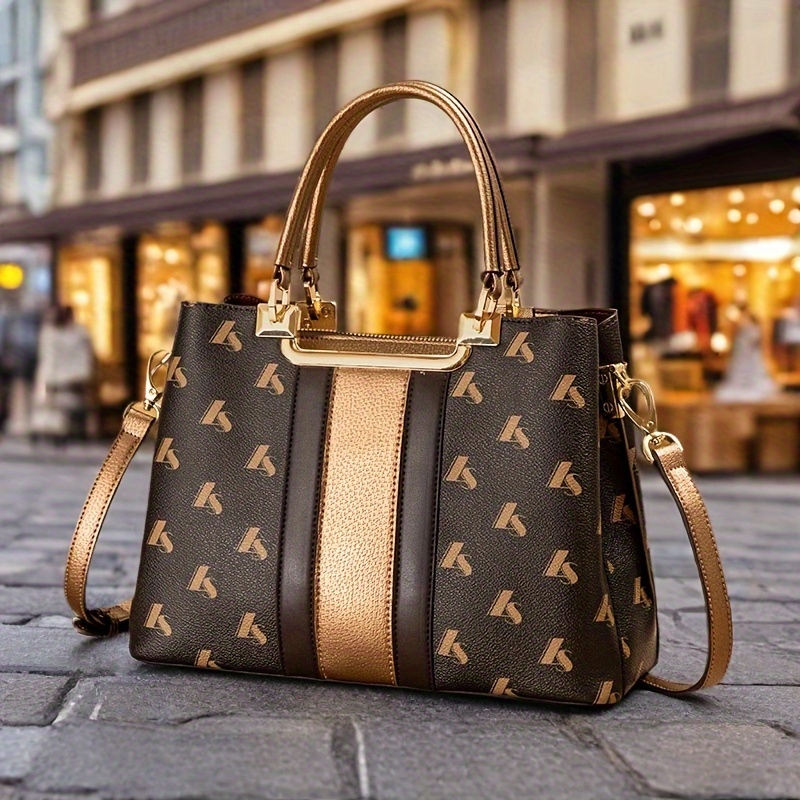 womens large capacity tote bag elegant golden accent   leather handbag with zipper closure     everyday purse luxury womens designer bag party handbag Product details 1