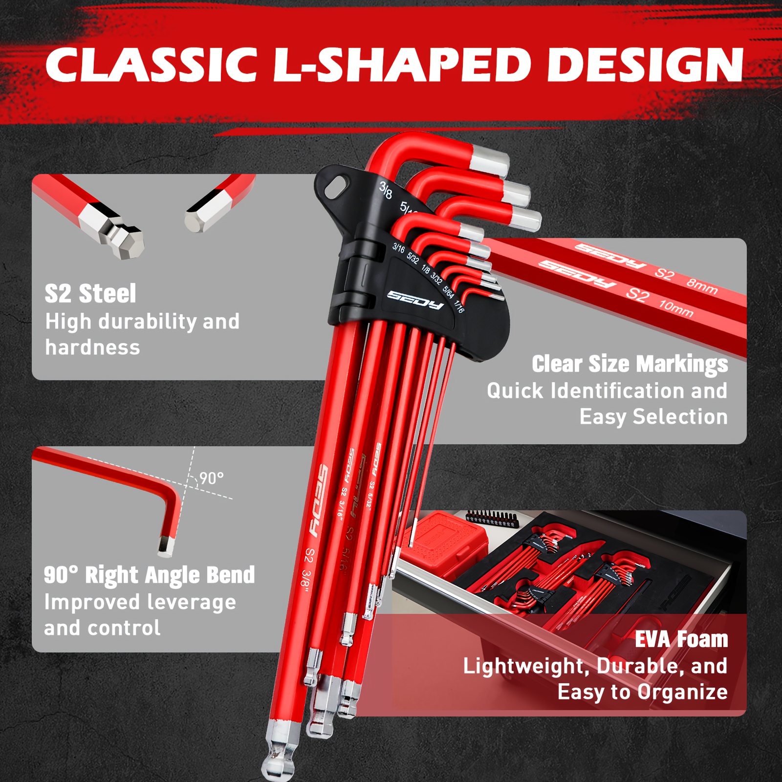 SEDY 30pcs Long Arm Ball End L-Hex & Torx Key Set with Grip Handle, Ultimate Hex Key Wrench Set with T-Handle and Extension Bars, SAE 1/16