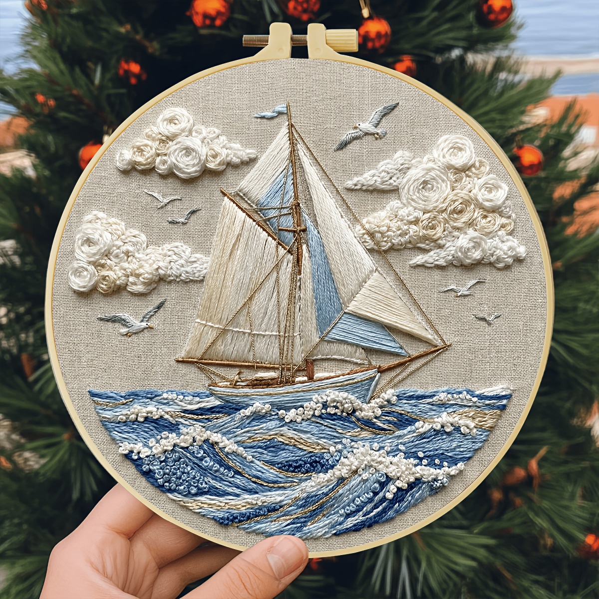 TEMU Adult Beginner Embroidery Kit, Blue And White Classical Sailboat Surging With Pattern Embroidery Canvas, Hoop, Instructions, Colored Thread