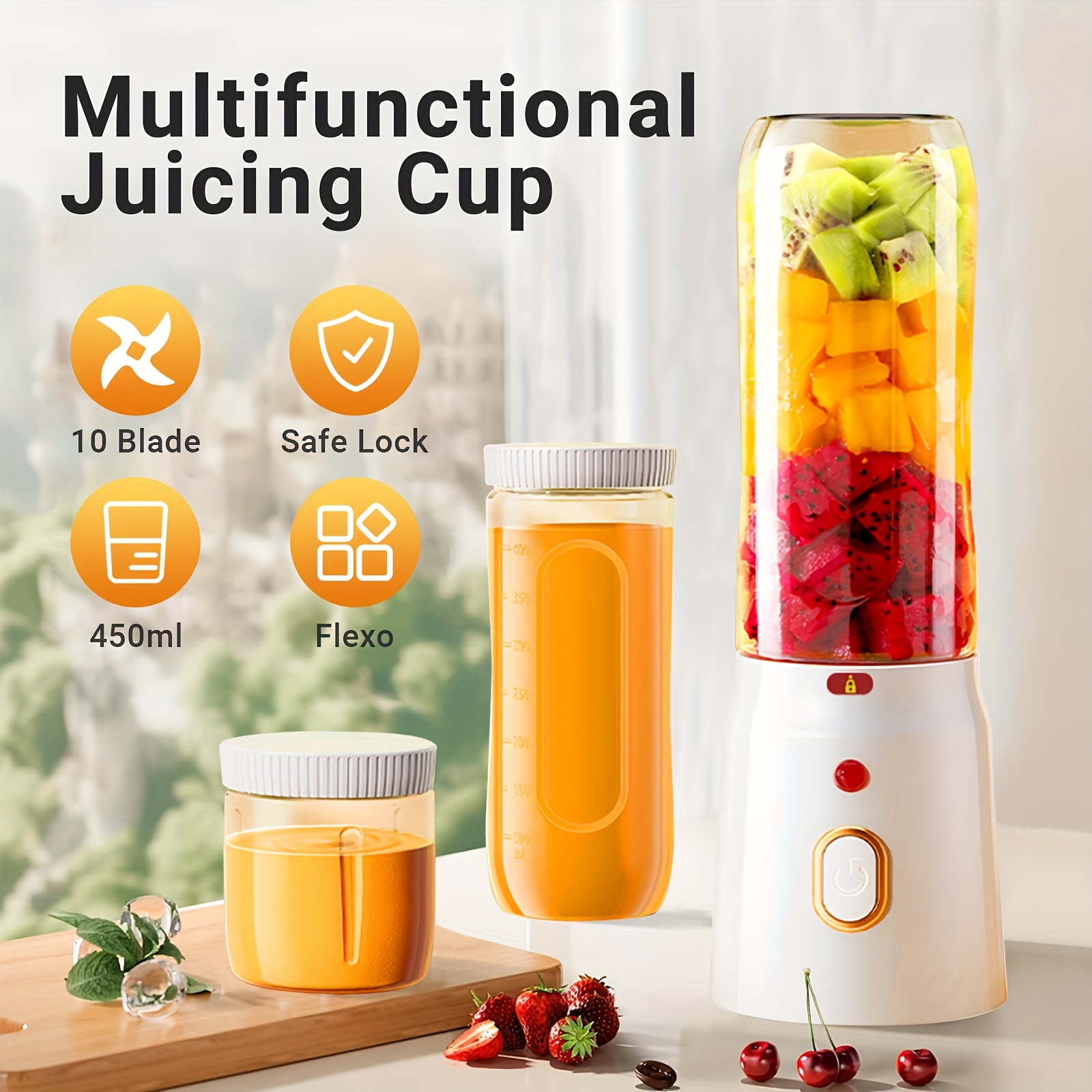 Juicer with Large And Small Interchangeable, Portable USB Rechargeable  Mini Blender for Fresh Juice, Wireless Portable Juicer with Sports Cup Lid, 