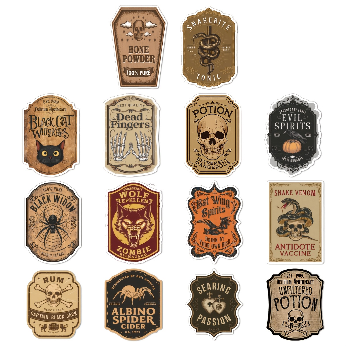 Image of 14pcs Gothic Apothecary Bottle Labels, Dark Witch Potion Stickers, Vintage Witch Jar Decals, Gothic Horror Beer & Liquor Can Stickers For Halloween Party Decorations & Gifts