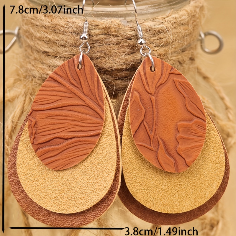 Bohemian PU Leather Teardrop Earrings Green Brown Yellow