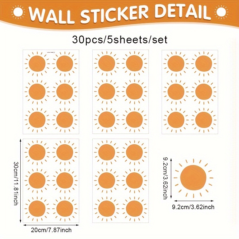 5 Sheets/set, 30pcs, Boho Sun Wall Decals, Removable Sunshine Wall Stickers, Vinyl Wall Murals, Peel And Stick Sun Wall Decor For Bedroom, Living Room, Playroom, Self Adhesive Detachable