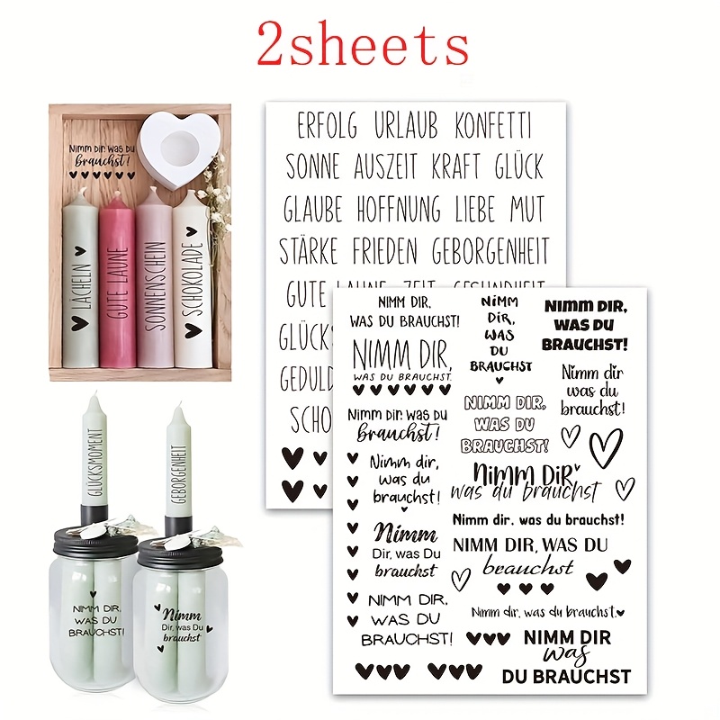 E-shop 2 Blätter, Deutsche Selbstklebende Transferaufkleber, 19 X 14cm Großformatige Transfers, Verschiedene Herzförmige Muster Transferaufkleber,