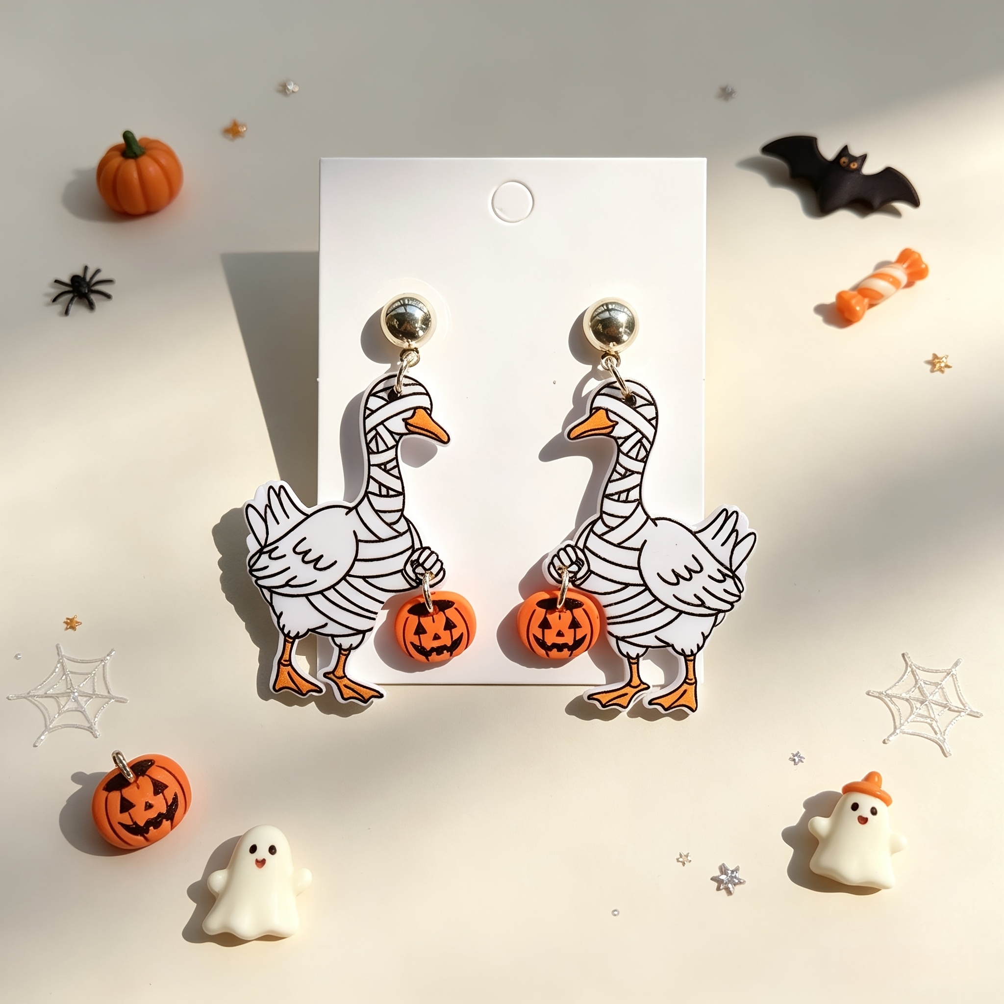 TEMU 1 Pair Of Halloween Hip-hop Gothic Horror Style Duck With Pumpkin And Bandage Acrylic Pendant Earrings For Women, Celebrating Holiday Themed