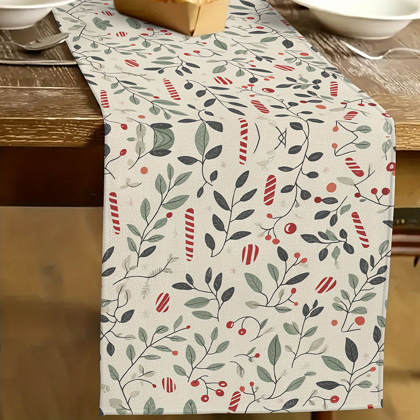 

Christmas Table Runner - 100% Linen Knit Fabric, Rectangular Decoration With Christmas Leaves And Patterns, Indoor/outdoor Seasonal Party Accessory