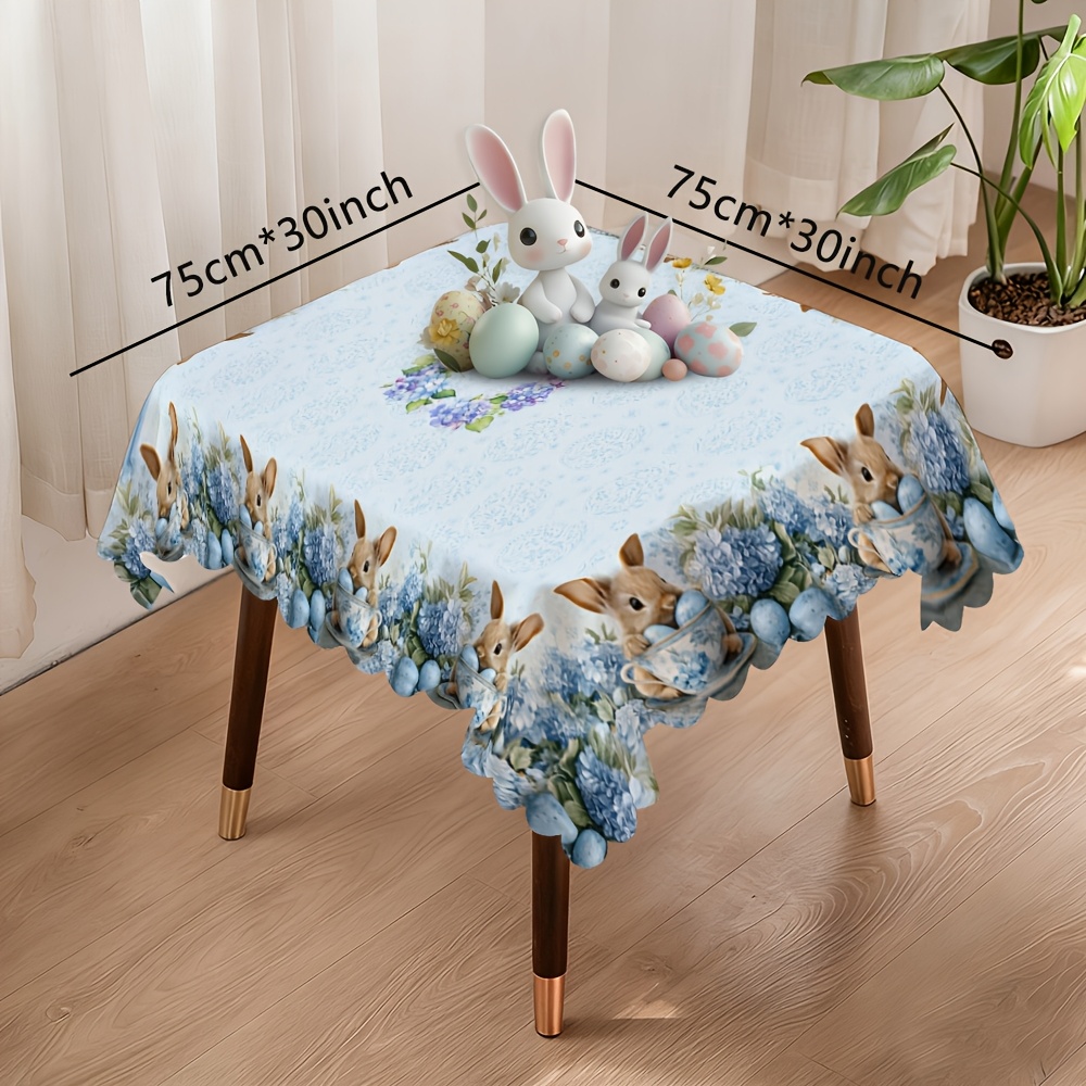 Image of 1pc Easter Party Tablecloth, Blue And White Decor, Floral And , European Style, Square Or Rectangular, Suitable For Dining Room, Party, Holiday, Outdoor, Durable Polyester Machine Washable