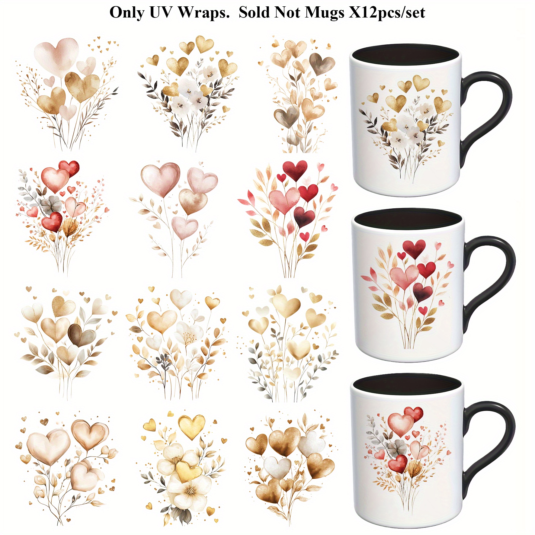 E-shop Dieses Set aus 12 Herz-Transferblättern präsentiert Herzen in verschiedenen goldenen, pinken, roten und weiteren Farbtönen, kombiniert mit