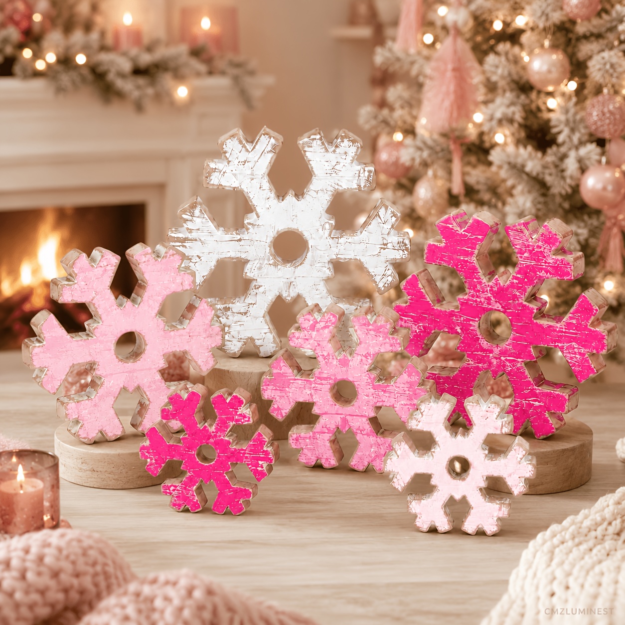 TEMU Winter And Christmas Party Table Centerpiece, Pink Wooden Snowflake Ornament, Winter Home Decor, Ornament, Farmhouse Style Tabletop Decor,