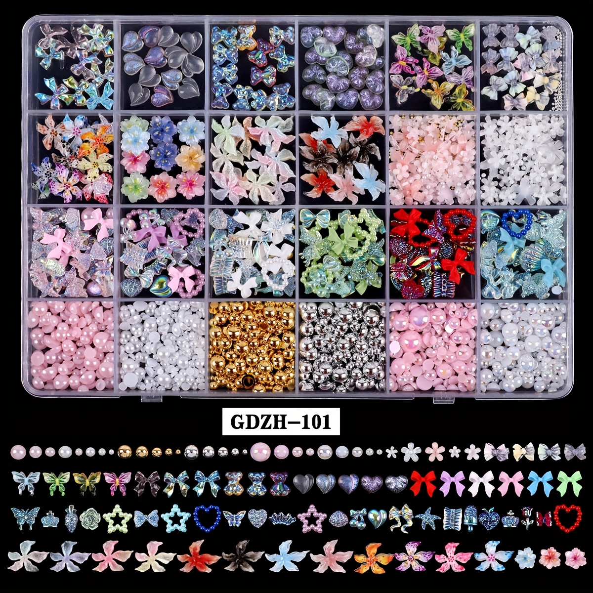 Image of 24 Grid Nail Charms, Nail Art Kit With Nail Bows Multi Shapes Nail Charms And Gems, Nail Flatback Ab Nail Rhinestones Pearls, Colorful 3d Hawaii Flowers Nail Jewels For Nail Design For Crafts