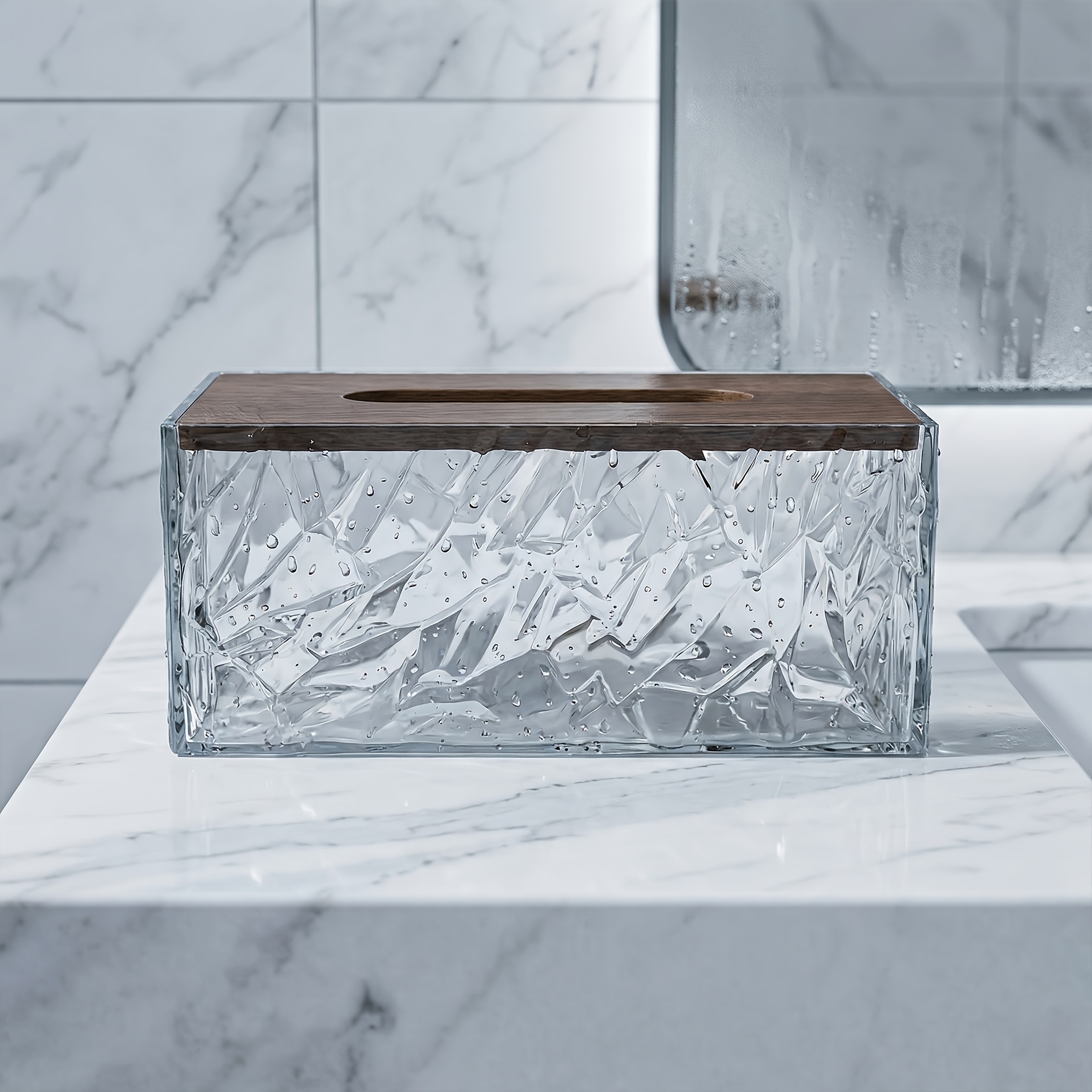 1 crystal texture acrylic tissue box with wooden lid modern minimalist napkin holder   room coffee table desktop tissue storage   bathroom decorative ornament Product details 3