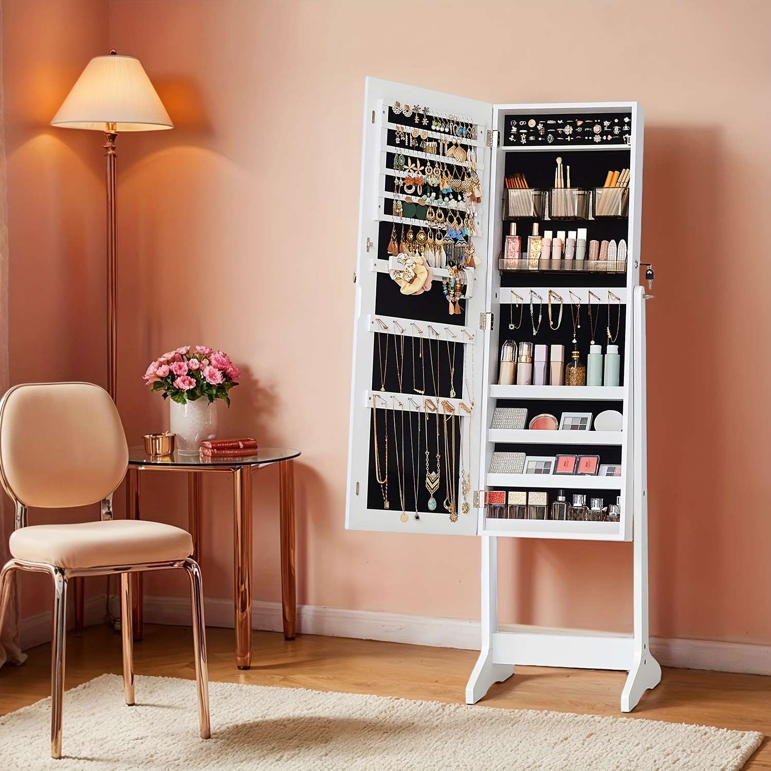 TEMU Freestanding Jewelry Cabinet Armoire With Lockable Storage, 2 Plastic Cosmetic Compartments, Full-length Frameless Mirror - Ideal For Necklaces,