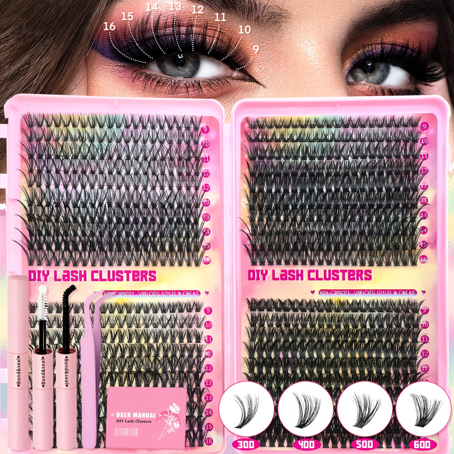 Image of 800pcs Mixed Length Eye Kit, Including 3040506080d, False Lash Clusters, Lash Glue, Tweezers For Different Make-up Styles Natural, Dense, Thick, Extra Thick, Dramatic Looking Styles