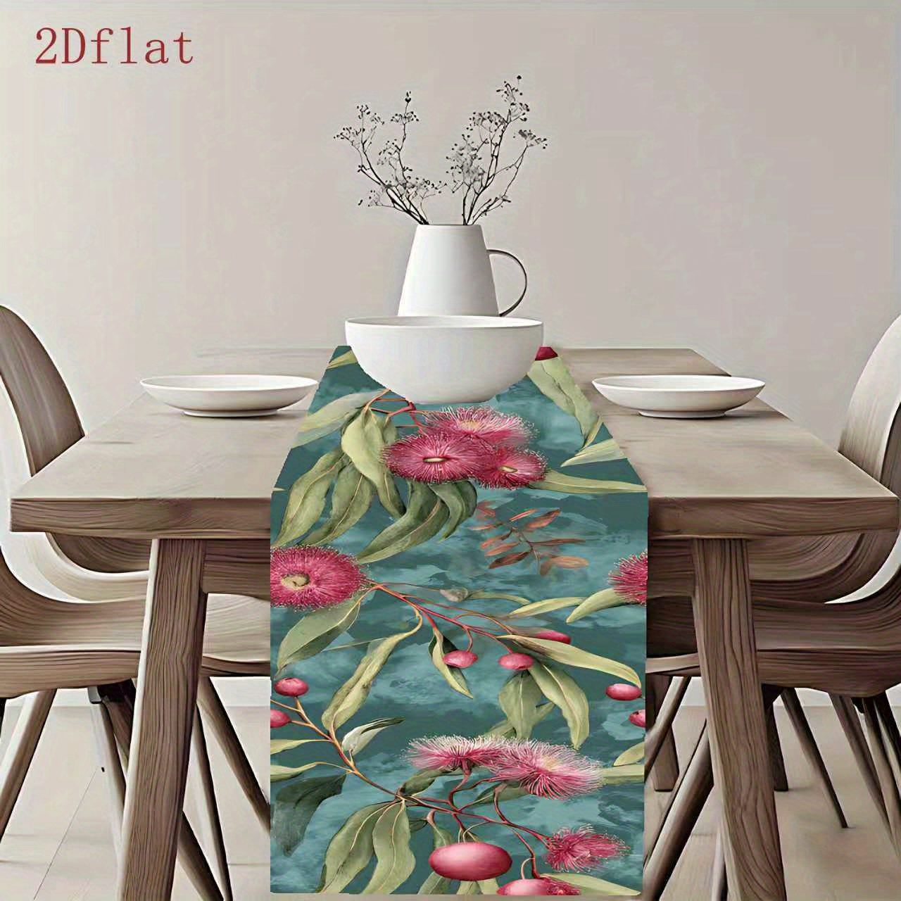 TEMU Eucalyptus Flower Tablecloth With Pink Flowers 2dflat, Green Leaves And Red Berries - Australian Botanical Design, Spring Decoration, Restaurant