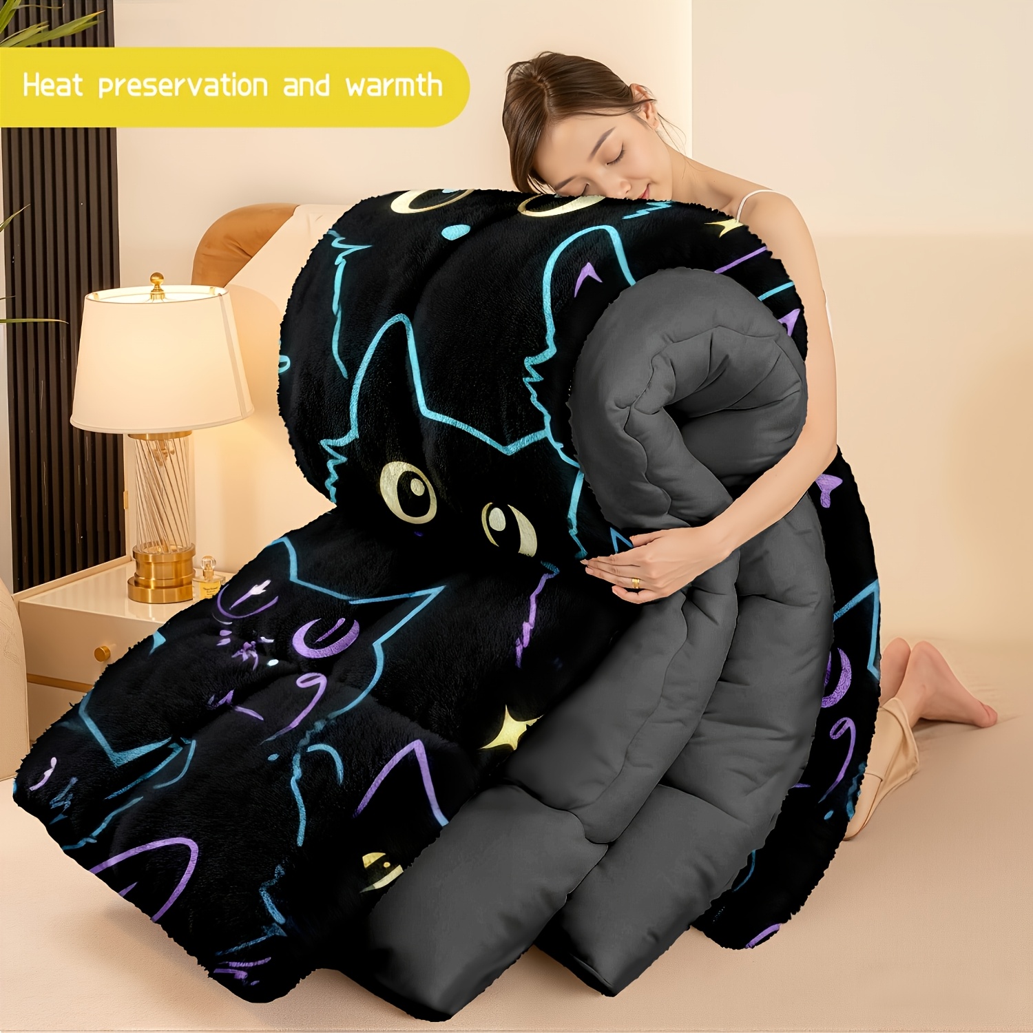 TEMU 3pcs (1 Comforter   2 Pillowcases) -the-dark Cat Pattern Soft Warm Hypoallergenic, Wrinkle & Fade Resistant , Queen/king/full Size, Bedroom Home