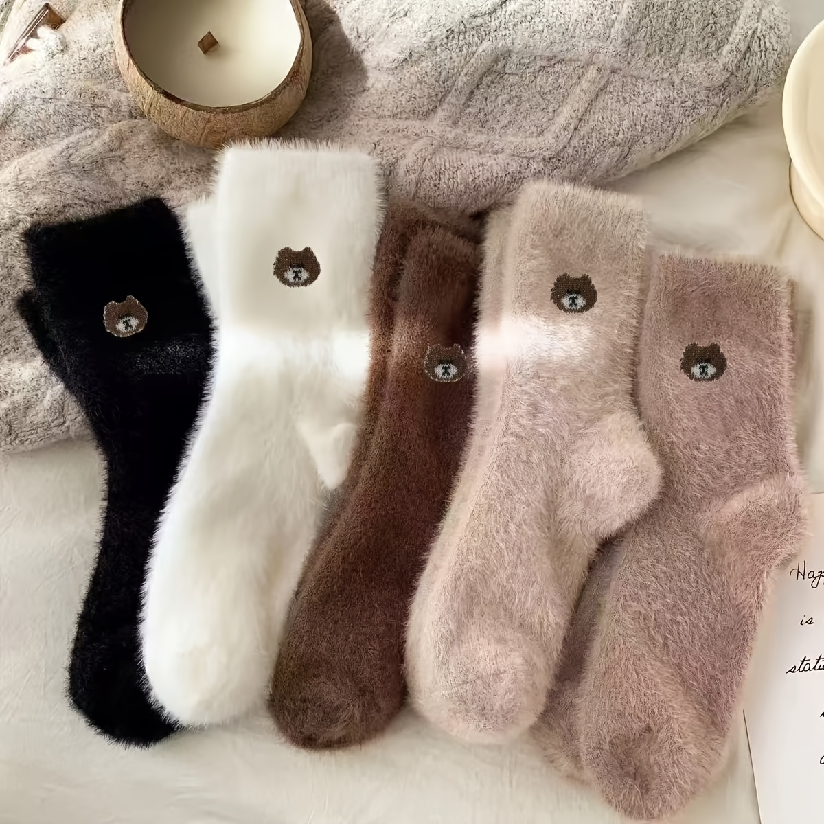 TEMU 5 Pairs Autumn Winter Cute Bear Embroidery Plush Socks, Coffee-colored Thick Warm Mid-calf Socks, Autumn Winter Cold Protection Maternity Floor