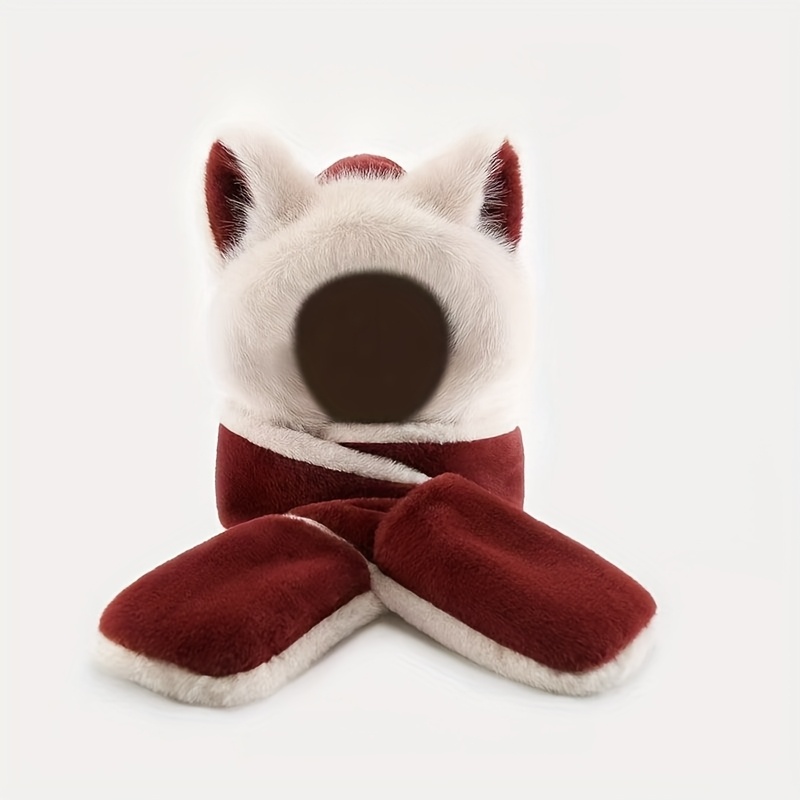 Image of Winter 3-in-1 Warm Hat With Wolf Ear Design, Scarf & Gloves Set For Cold Weather, Outdoor Cycling & Commuting