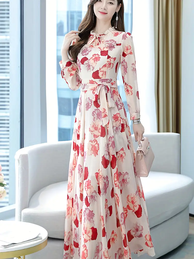 a romantic of spring flowers retro bohemian inspired elegant floral patterned long sleeved belted printed dress Product details 1