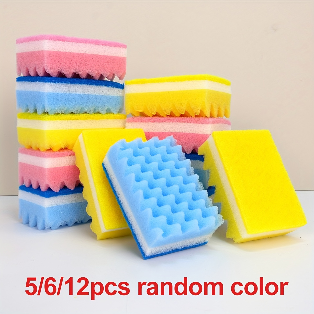 

5pcs/6pcs/12pcs High-density Sponge Color Random Color Dishwashing Sponge Household Cleaning Sponge Kitchen Dishwashing Scouring Pad