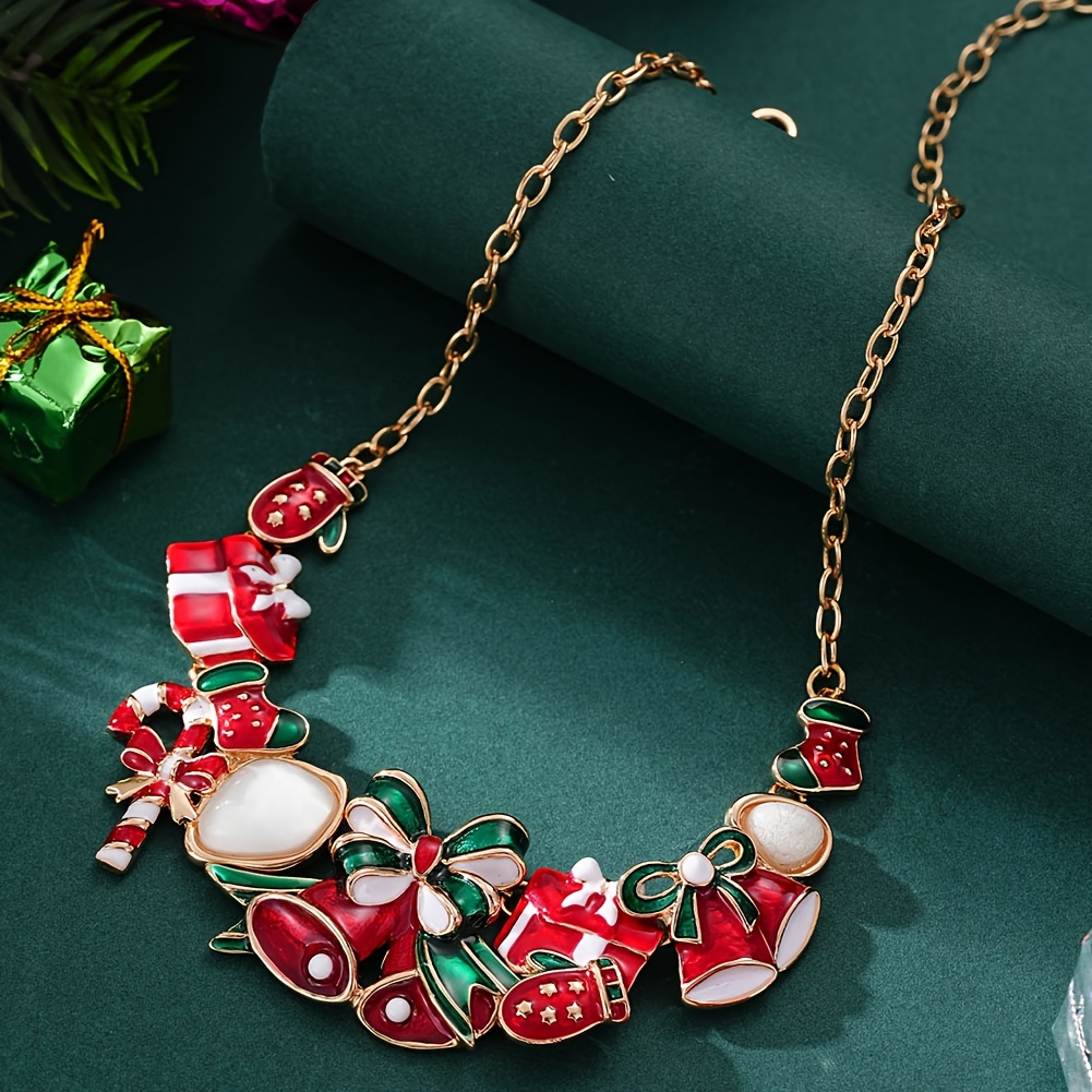 TEMU Coco Women' Plated Enamel Christmas Necklace - Retro Bell & Candy Cane Pendant With Santa Claus, Holiday Jewelry Gift Suitable For Xmas Parties,