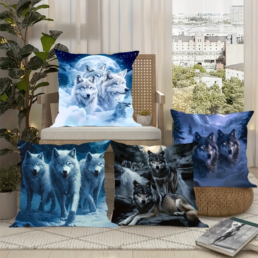 

4pcs Mystical Wolf Scene Velvet Pillow Covers - Night Design, Machine Washable, Zippered Closure - Ideal For Bedroom, Living Room, Sofa, Office Decor - Covers Only, Pillow Covers