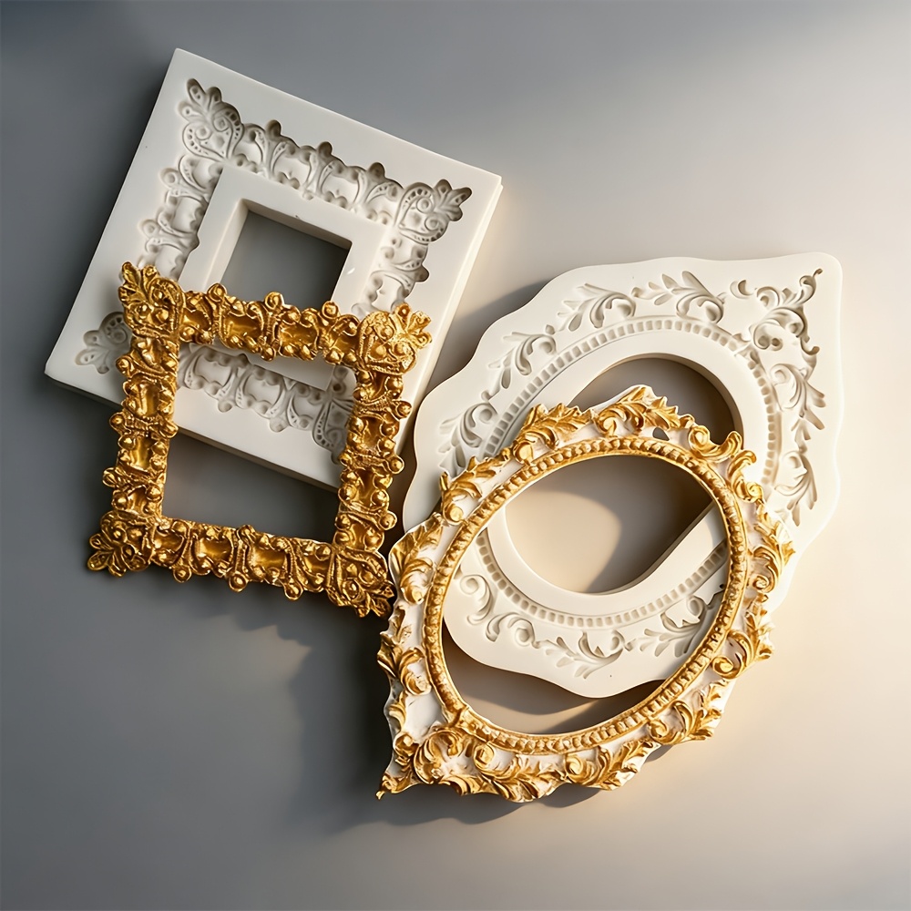 2pcs square oval vintage photo frame silicone mold embossed small photo frame mold for plaster ornaments resin candles   clay decorative molds diy christmas mothers day holiday gift
