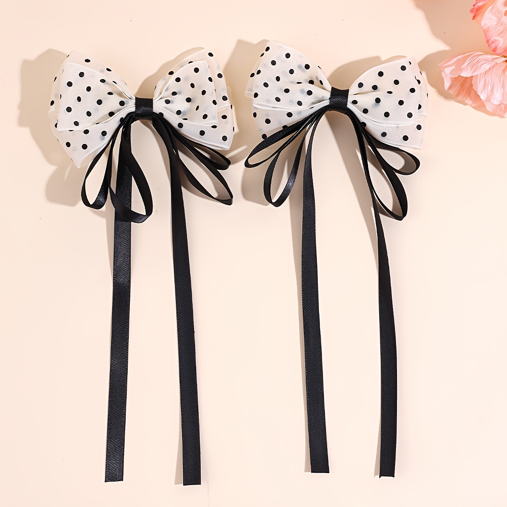 TEMU 2pcs Elegant Polka Dots Bow Hair Clips For Women Mini Polka Dots Print With Long Tassels Bow Hair Barrettes Hair Additions For , Daily Life