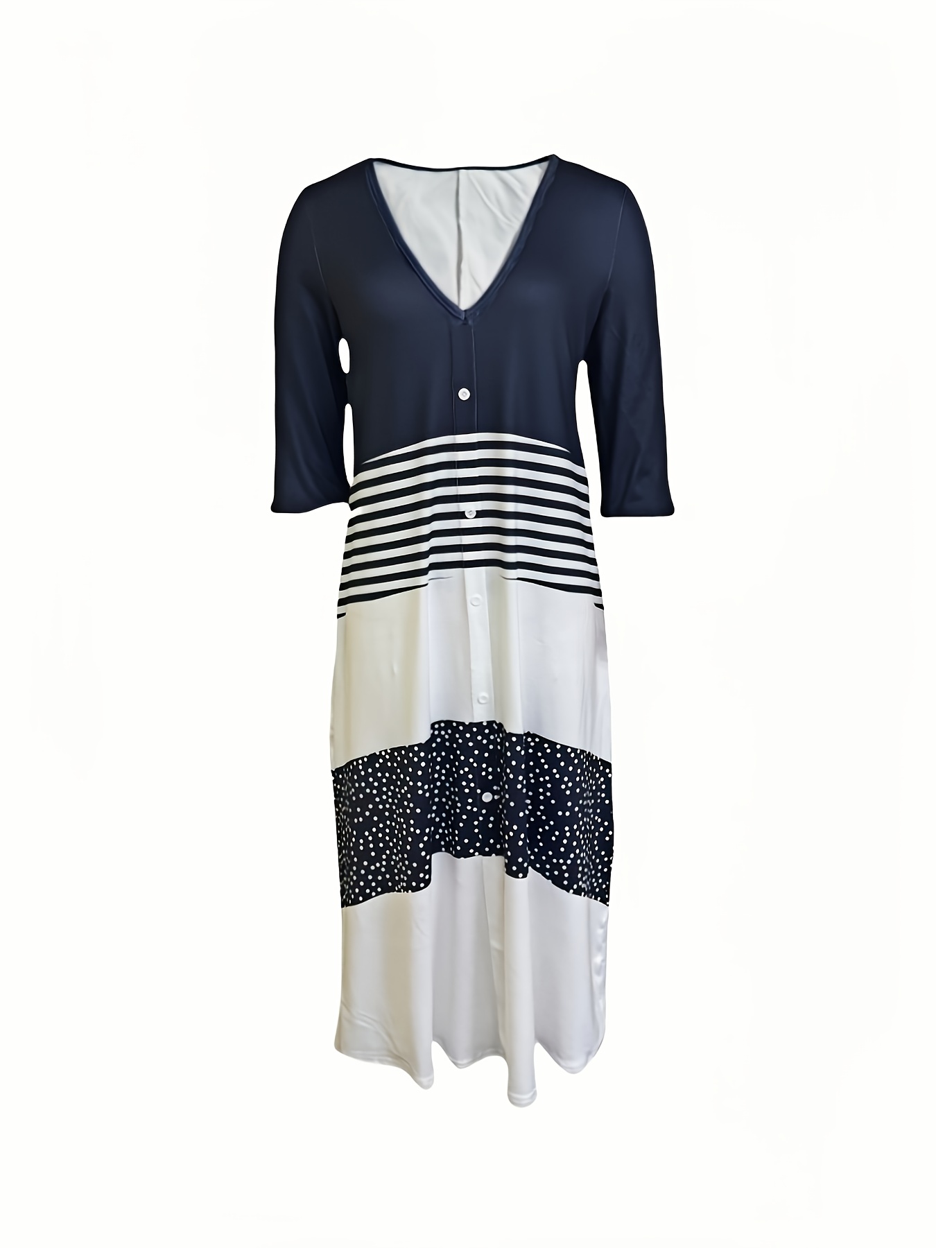 elegant color block long dress with button decorations v neck three quarter sleeve and polka dot print versatile casual dress for   adult casual wear   dress polyester fabric