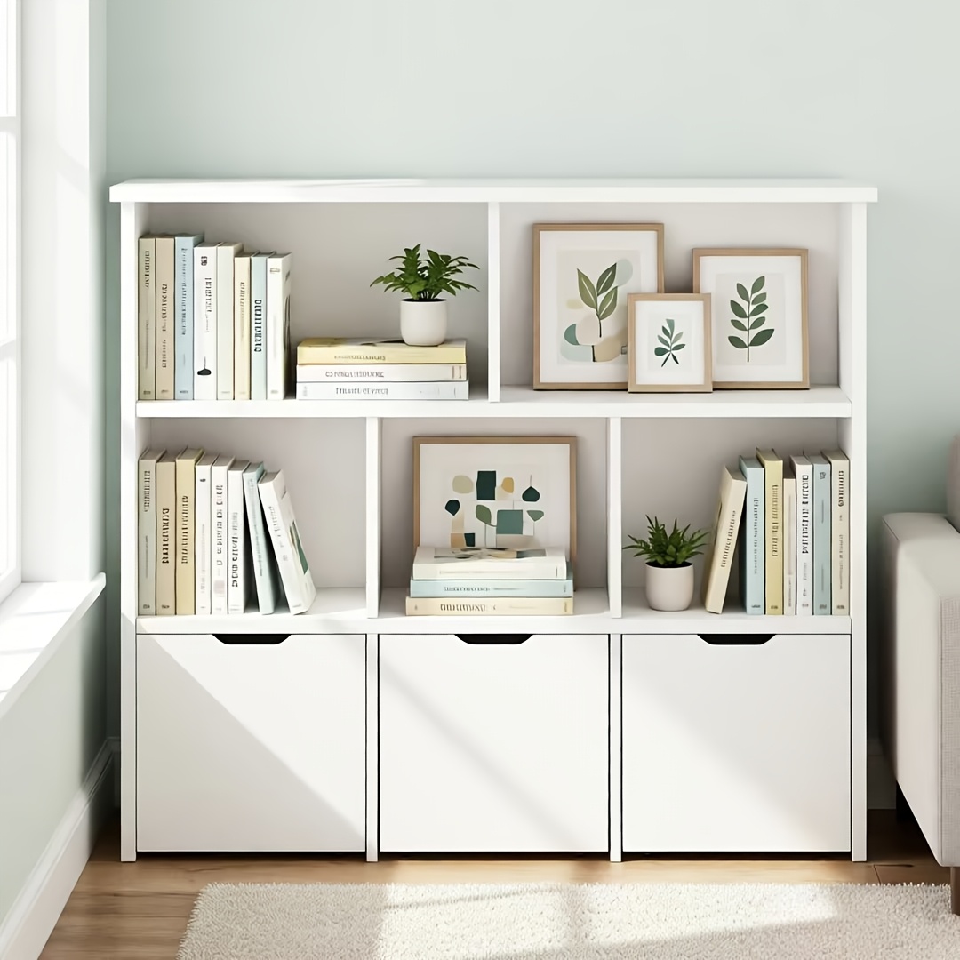 Modern Bookcase with 5 Cubes, 3 Movable Drawers and Hidden Wheels | Sturdy Construction, Multifunctional Organizer with Spacious Storage, White, Freestanding for Living Room