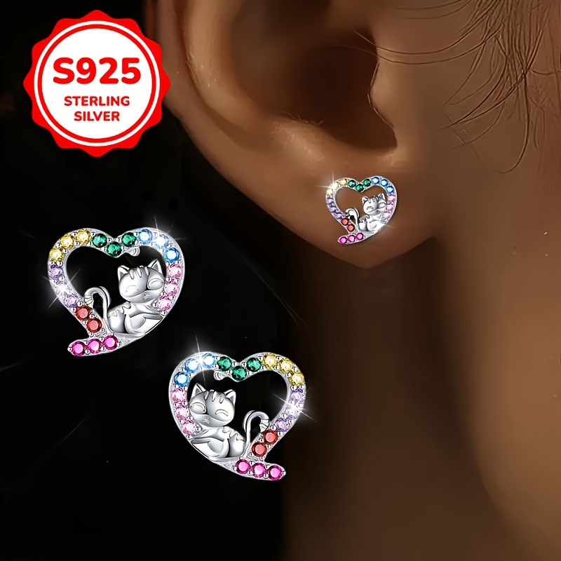 Image of A Pair, S925 Silver Heart-shaped Cat Earrings, Colorful Synthetic Zirconia Inlaid Cartoon Cat Earrings, Low Sensitivity, Suitable For Daily Wear, Banquets, Weddings, Gifts, And A For Pet Lovers