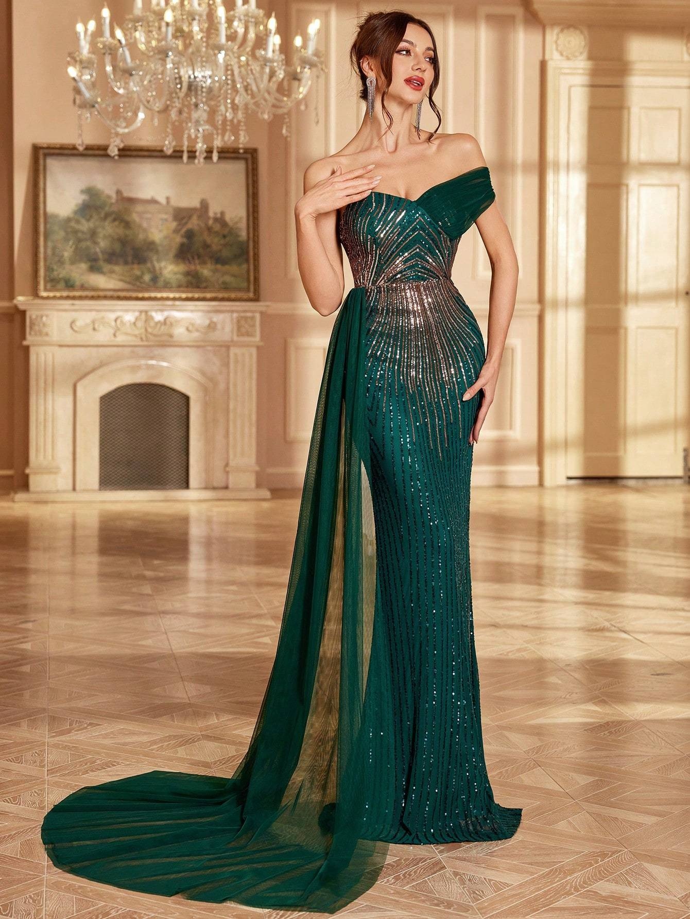 green emerald velvet dress Dark Green Satin Off Shoulder Long Party Dress, A-line Green Formal Dr –  Cutedressy main image 1