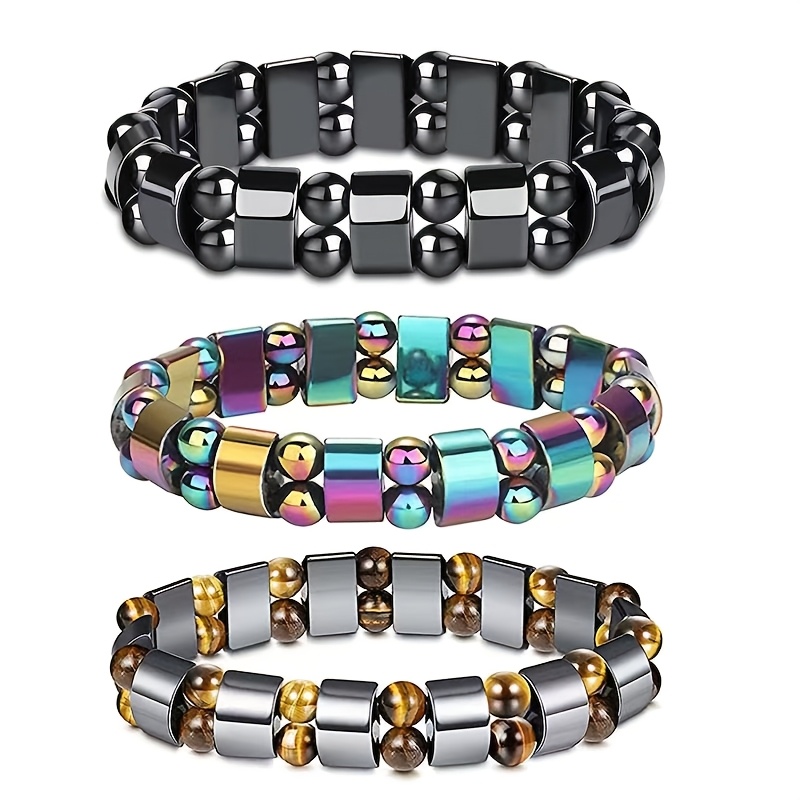 3pcs Double Hematite Bracelets For Women | Tiger Eye & Rainbow Beaded Stone Bracelets Set, Elegant Style, Perfect Gift For Parents, , Christmas, Valentine's Day, Wear, Natural Stone Material