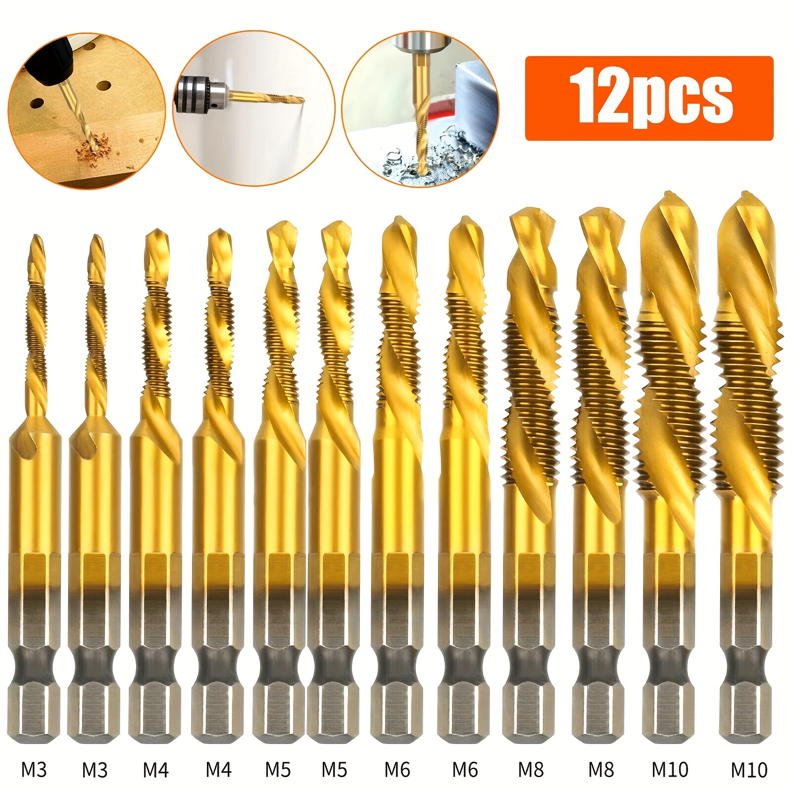 

12pcs Hss Tap Drill Bit Set, Hex Shank Thread Metric Tap Drills, M3 To M10 Sizes, For Drilling, Tappinf