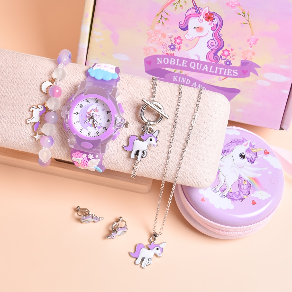 Image of Gift Box With 3d Cartoon Silicone Strap, Little Pony , Girls' Watch With Dual Movement Led Light Quartz Wristwatch, Necklace, Bracelet, Ear Clips, And Coin Purse Set Of 7pcs