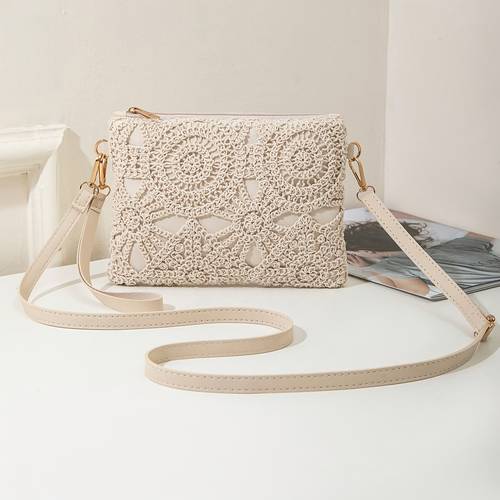 an elegant lace crossbody bag featuring intricate with a simple nude strap showcasing a feminine charm spring and summer it dresses or casual outfits not washable