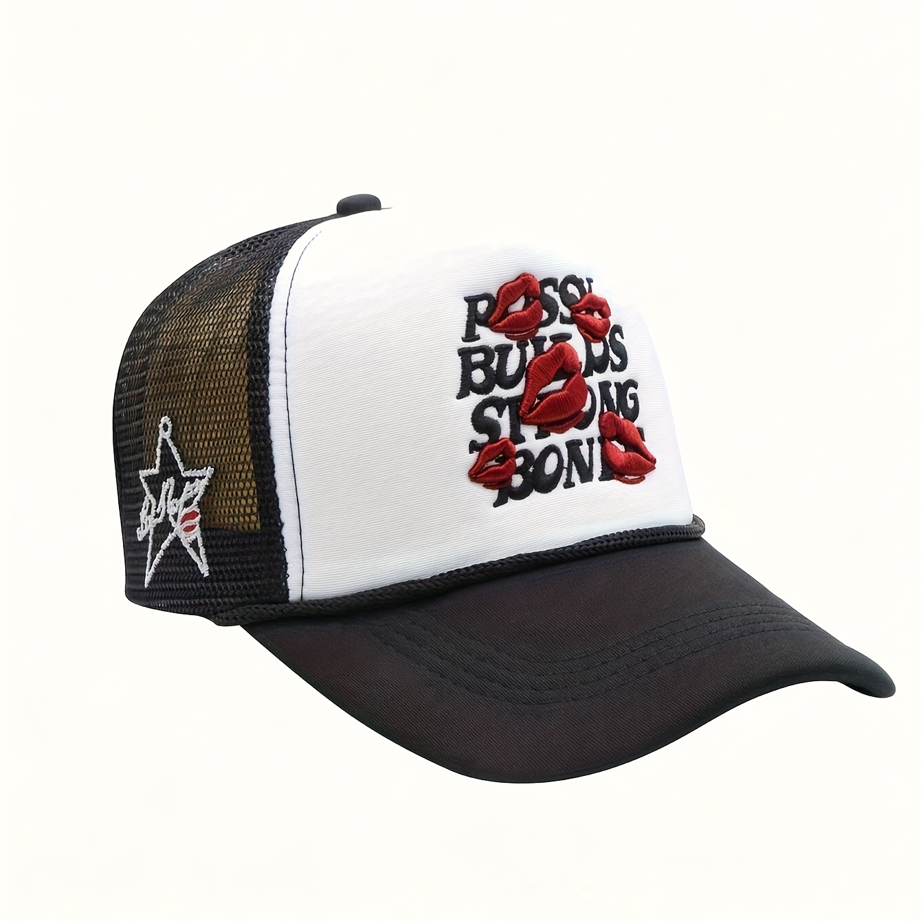 TEMU 1 Embroidered Lips Letter Baseball Cap With Drawstring, Unisex Trucker Hat, Breathable Adjustable Golf Hat For Women, Summer Fashion Curved Brim