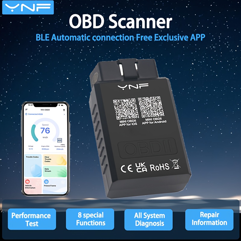 Ynf Wireless Car Scanner Ble Obdii Auto Diagnostic Scan Tool, Engine Fault Code Reader For Automobiles And Trucks, Free Ios & App, Without Battery No Paid Items In The App