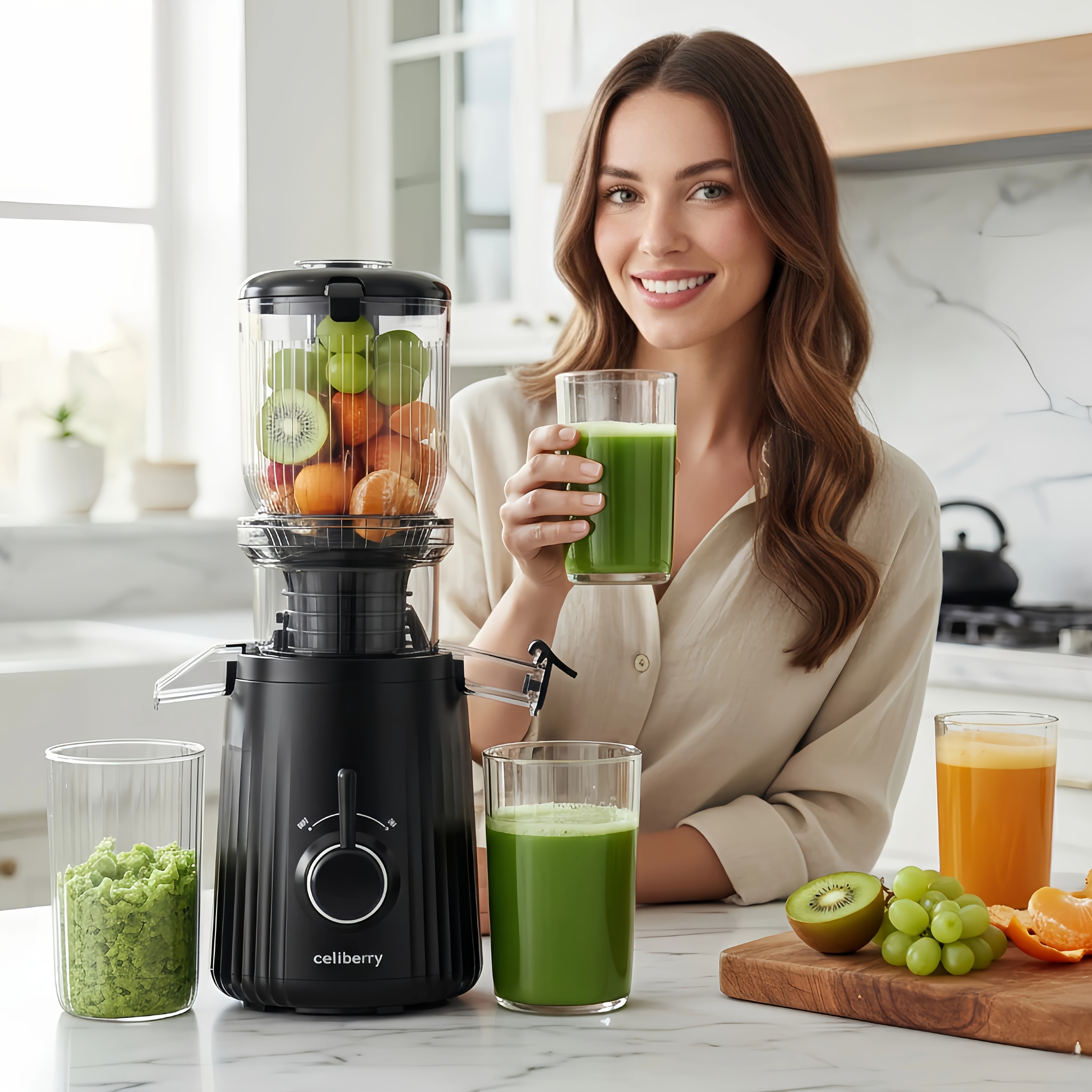Celiberry Slow-Speed Masticating Juicer with 4.25-Inch Wide Feed Chute, Quiet Operation, Easy to Clean, Multiple Colors Available