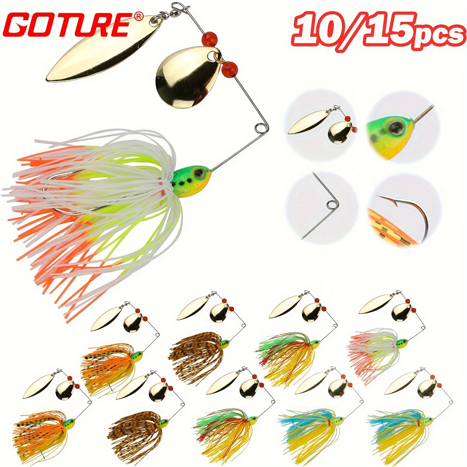 

Goture 10/15pcs Bass Fishing Lure, Spinner Baits Kit, Topwater Fishing Lure, Fishing Accessories For Saltwater Freshwater