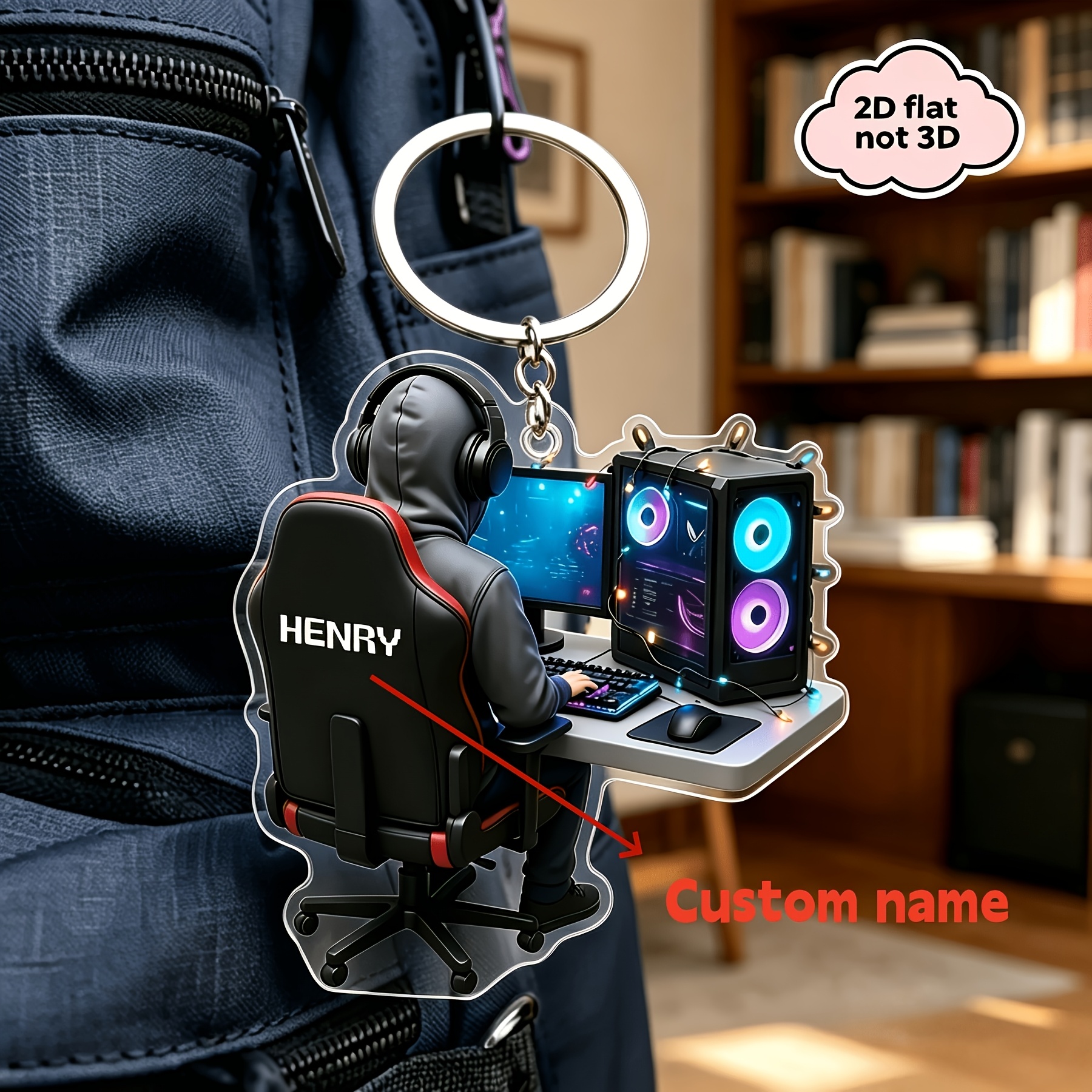 TEMU Porte-clés plat 2D personnalisé pour bureau PC, nom et année personnalisables, porte-clés en acrylique vue arrière Esports, porte-clés